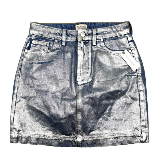 NEW Pilcro Anthropologie Brushed Metallic Chrome Denim A-line Mini Skirt 4 27x17 - Picture 1 of 12